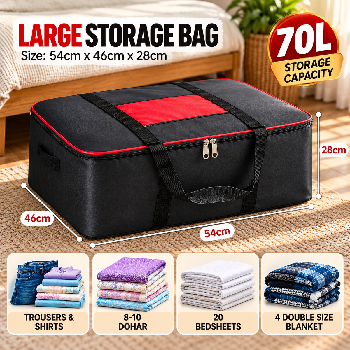 Underbed Storage Bags Pack of 2 – Large 70L Clothes, Blanket & Bedsheet Organizer
